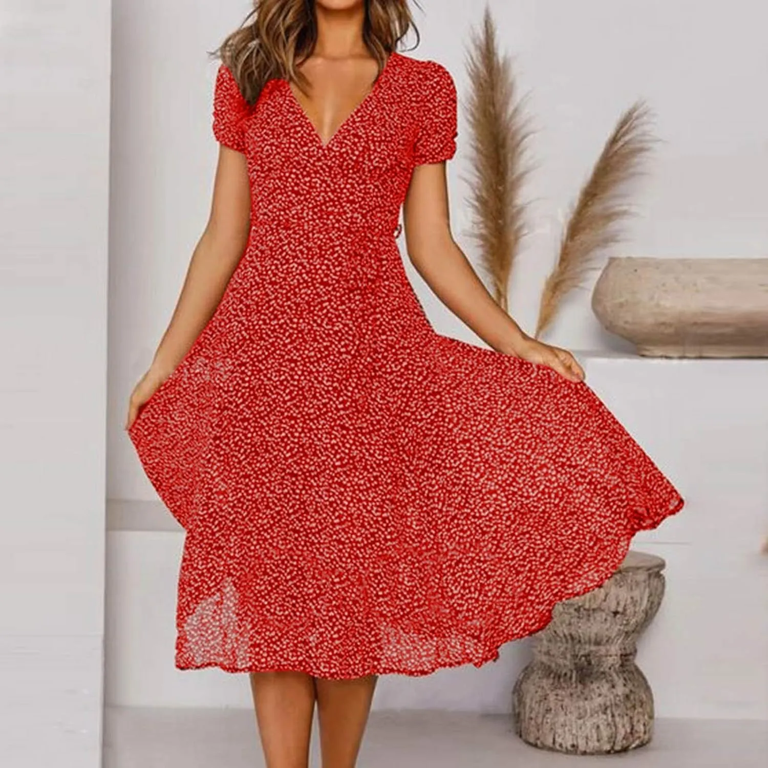 Summer Dresses for Women Floral Boho Dress Beach Casual Mid Length Dress Short Sleeve Flowy Elegant Midi Dresses