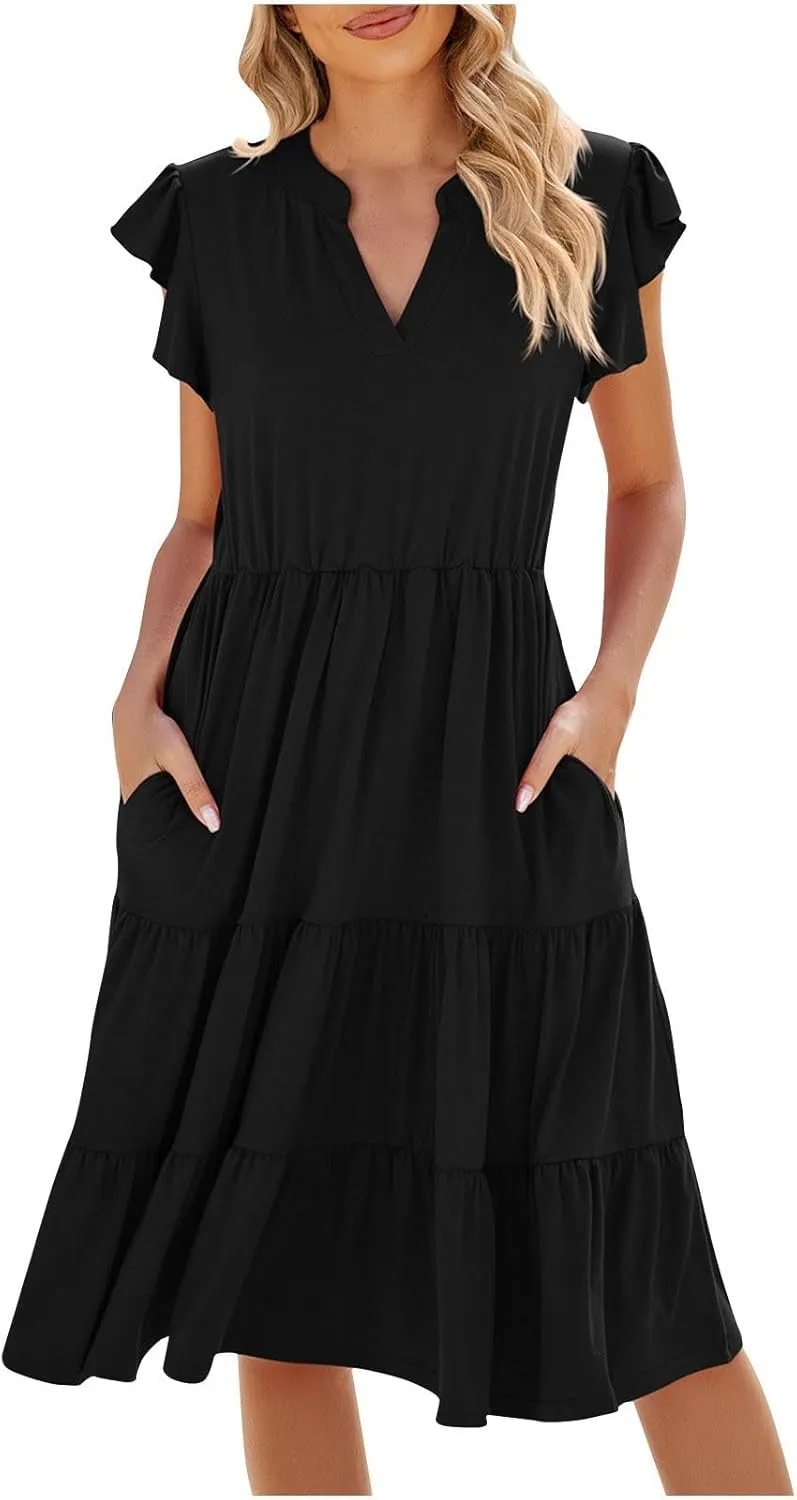 Summer Dresses for Women Ruffle Sleeve Midi Dress Boho V Neck Flowy Tiered Dress Flowy Vacation Sundress with Pockets
