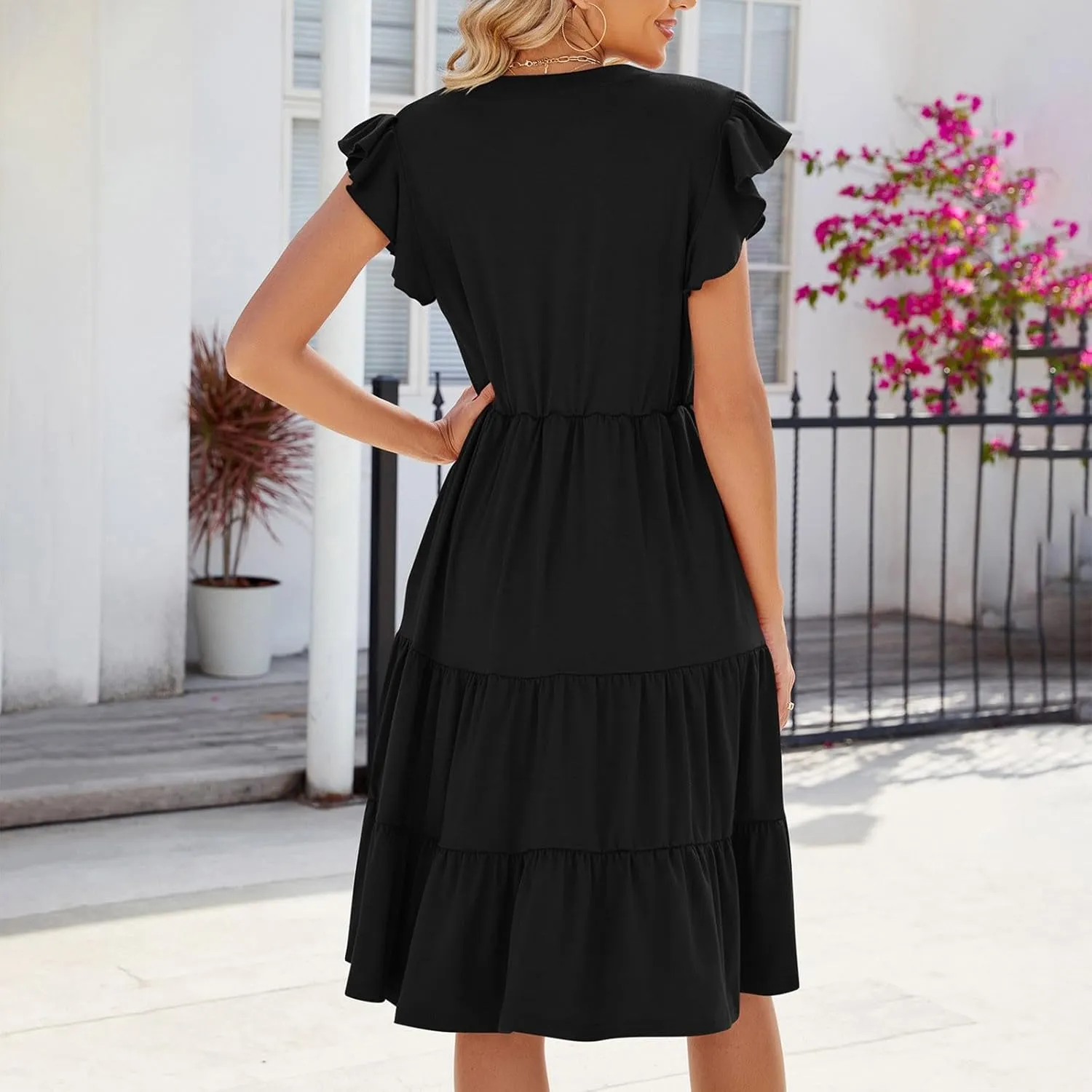 Summer Dresses for Women Ruffle Sleeve Midi Dress Boho V Neck Flowy Tiered Dress Flowy Vacation Sundress with Pockets