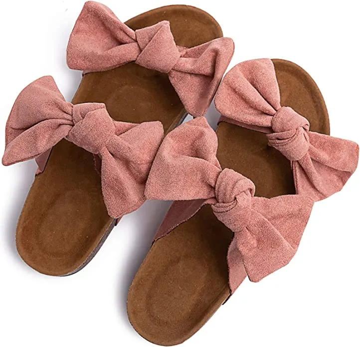 Summer Pink Knot Suede Leather Soft Cork Slip On Sandals