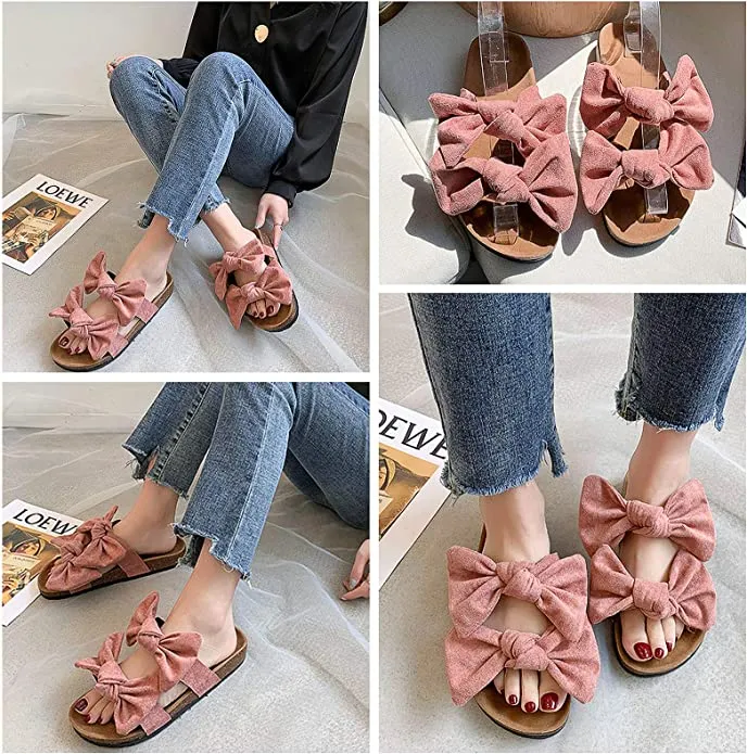 Summer Pink Knot Suede Leather Soft Cork Slip On Sandals