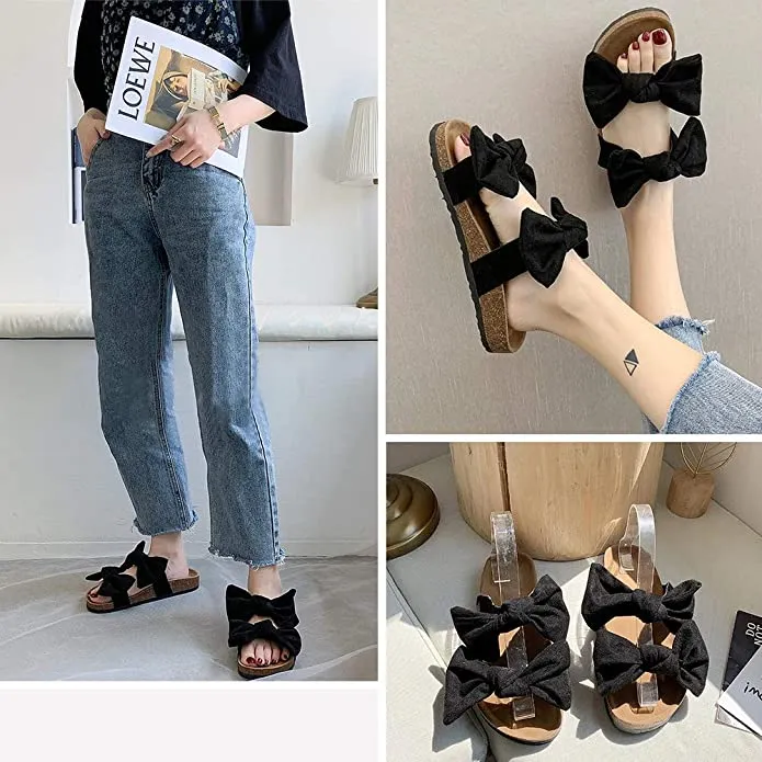 Summer Pink Knot Suede Leather Soft Cork Slip On Sandals