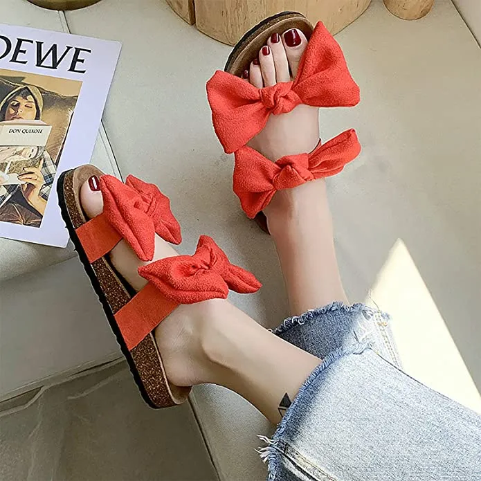 Summer Pink Knot Suede Leather Soft Cork Slip On Sandals