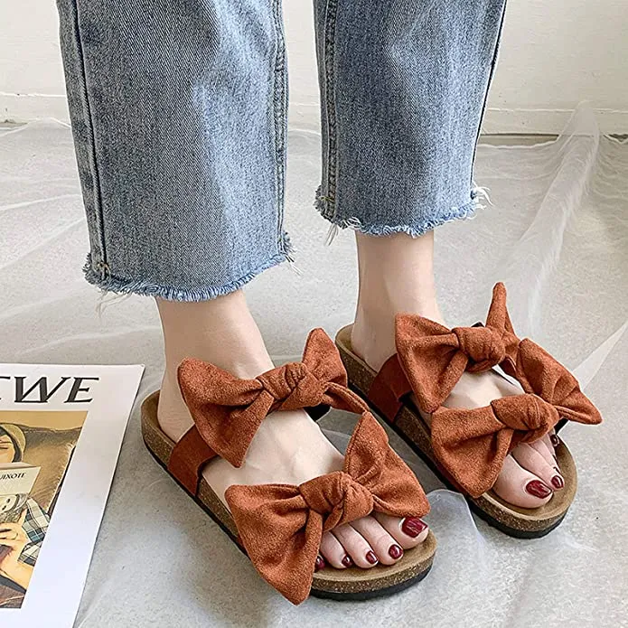 Summer Pink Knot Suede Leather Soft Cork Slip On Sandals