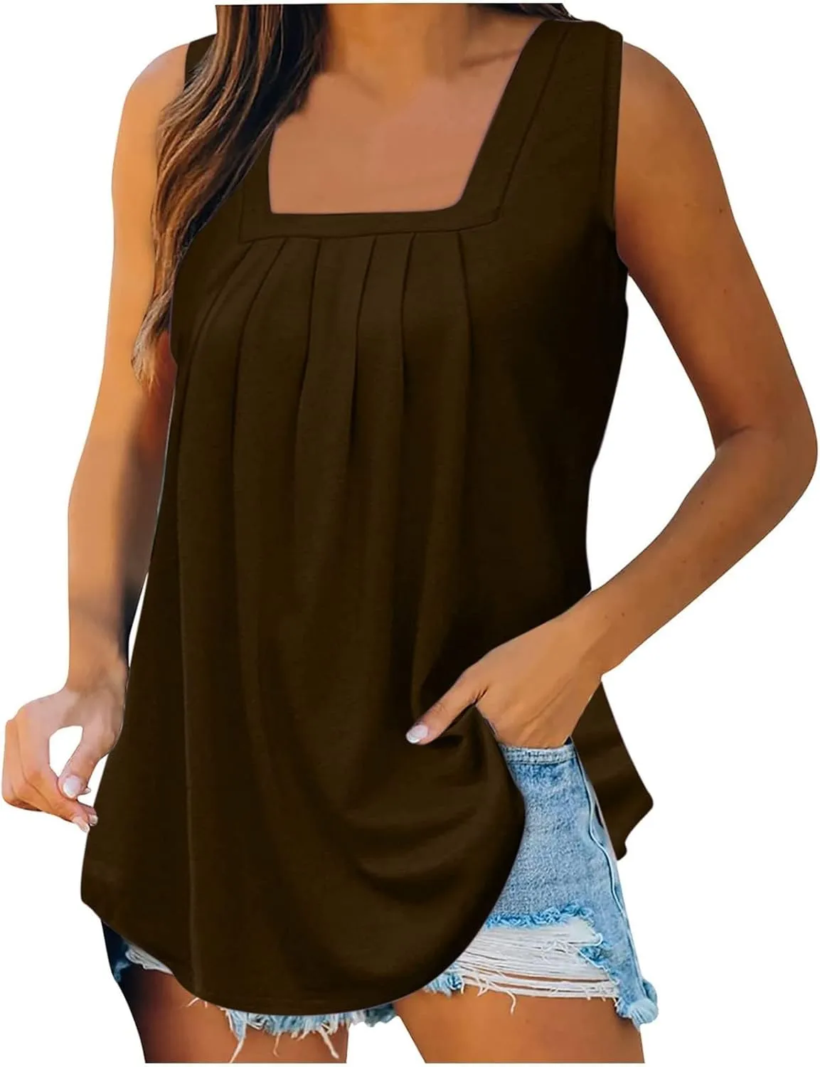 Summer Tank Tops for Women 2025 Loose Fit Pleated Square Neck Sleeveless Shirt Curved Casual Beach Vest
