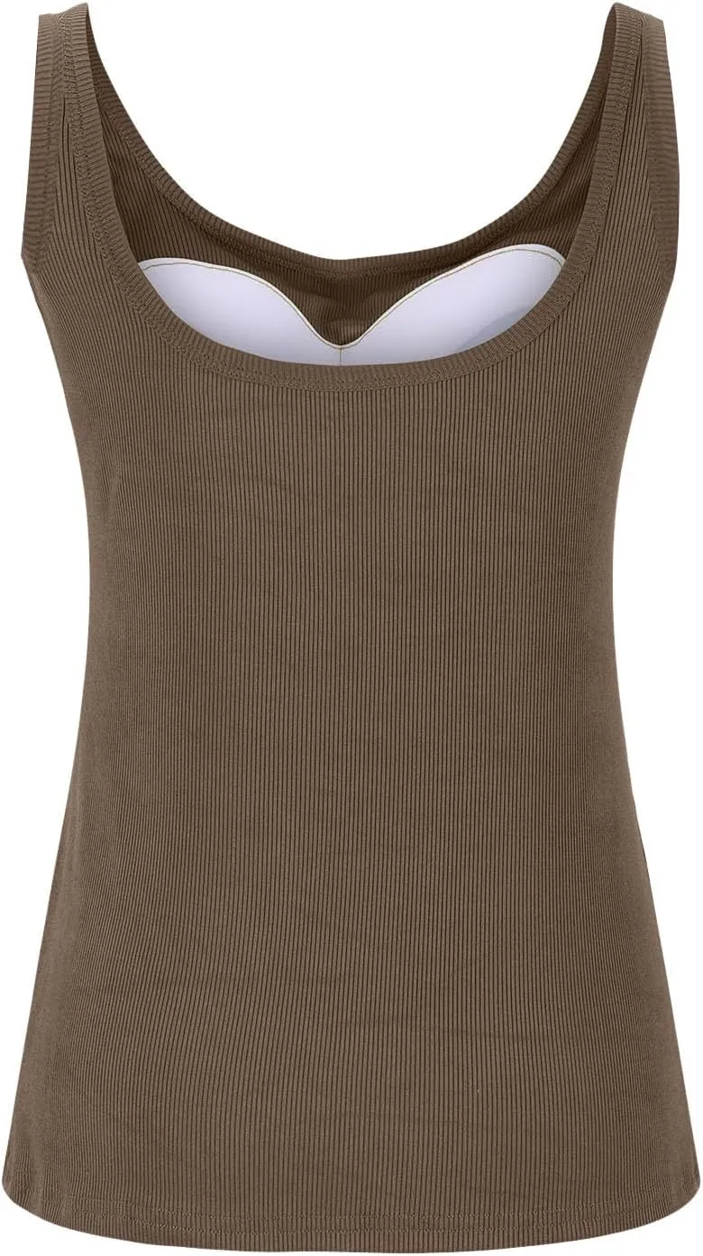 Summer Tank Tops for Women Built in Bra Trendy Sleeveless U Neck Padded Shirts Solid Sexy Knitted Vacation Camisole