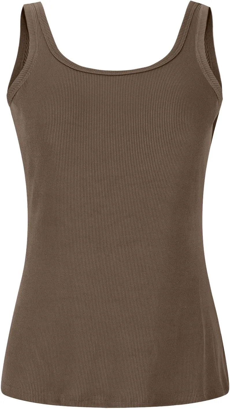 Summer Tank Tops for Women Built in Bra Trendy Sleeveless U Neck Padded Shirts Solid Sexy Knitted Vacation Camisole