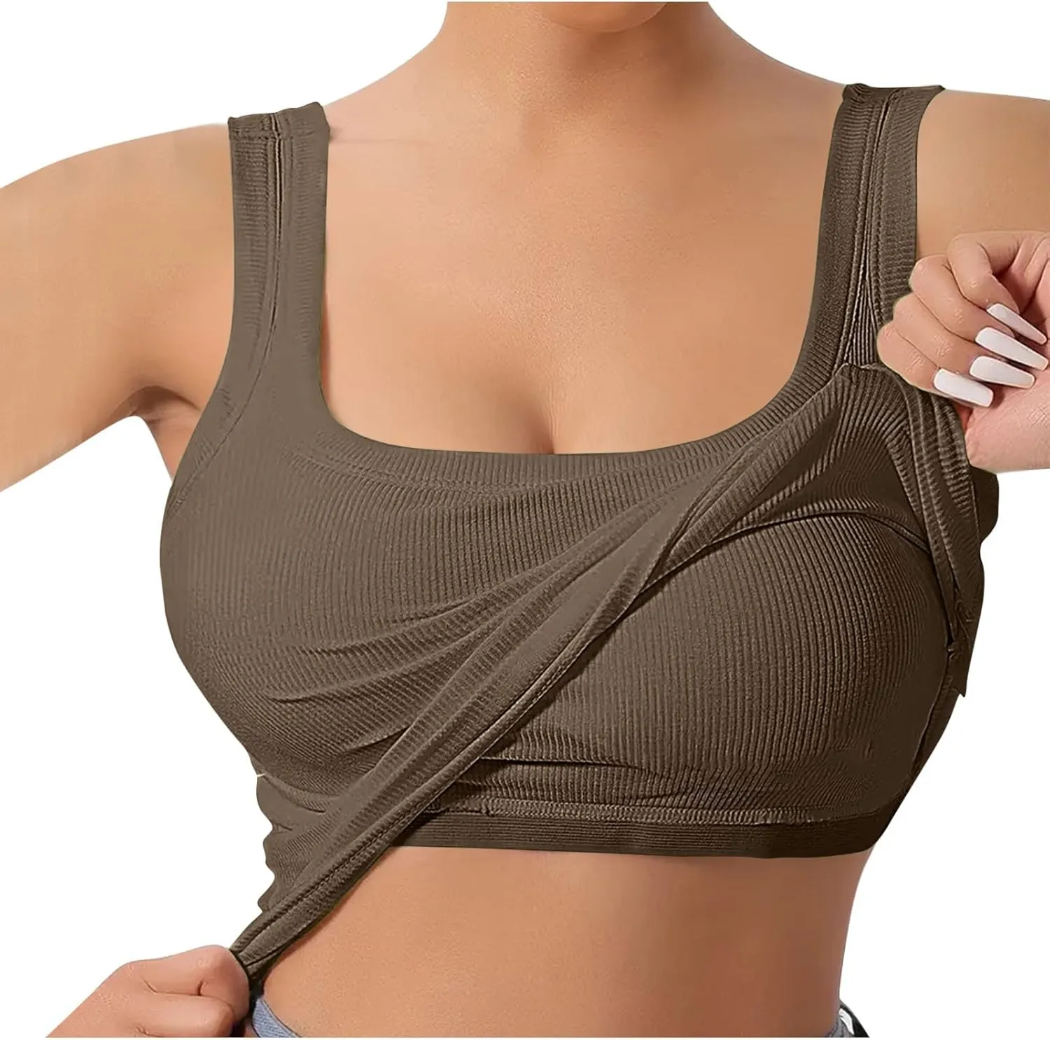 Summer Tank Tops for Women Built in Bra Trendy Sleeveless U Neck Padded Shirts Solid Sexy Knitted Vacation Camisole
