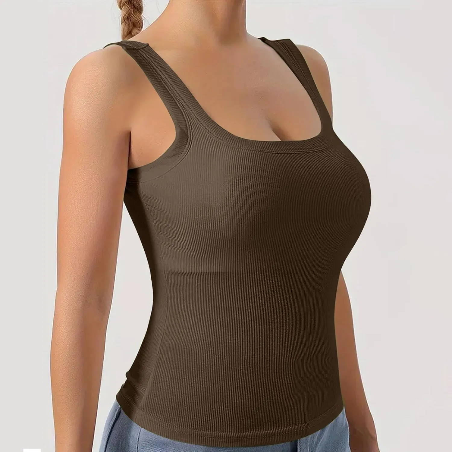 Summer Tank Tops for Women Built in Bra Trendy Sleeveless U Neck Padded Shirts Solid Sexy Knitted Vacation Camisole