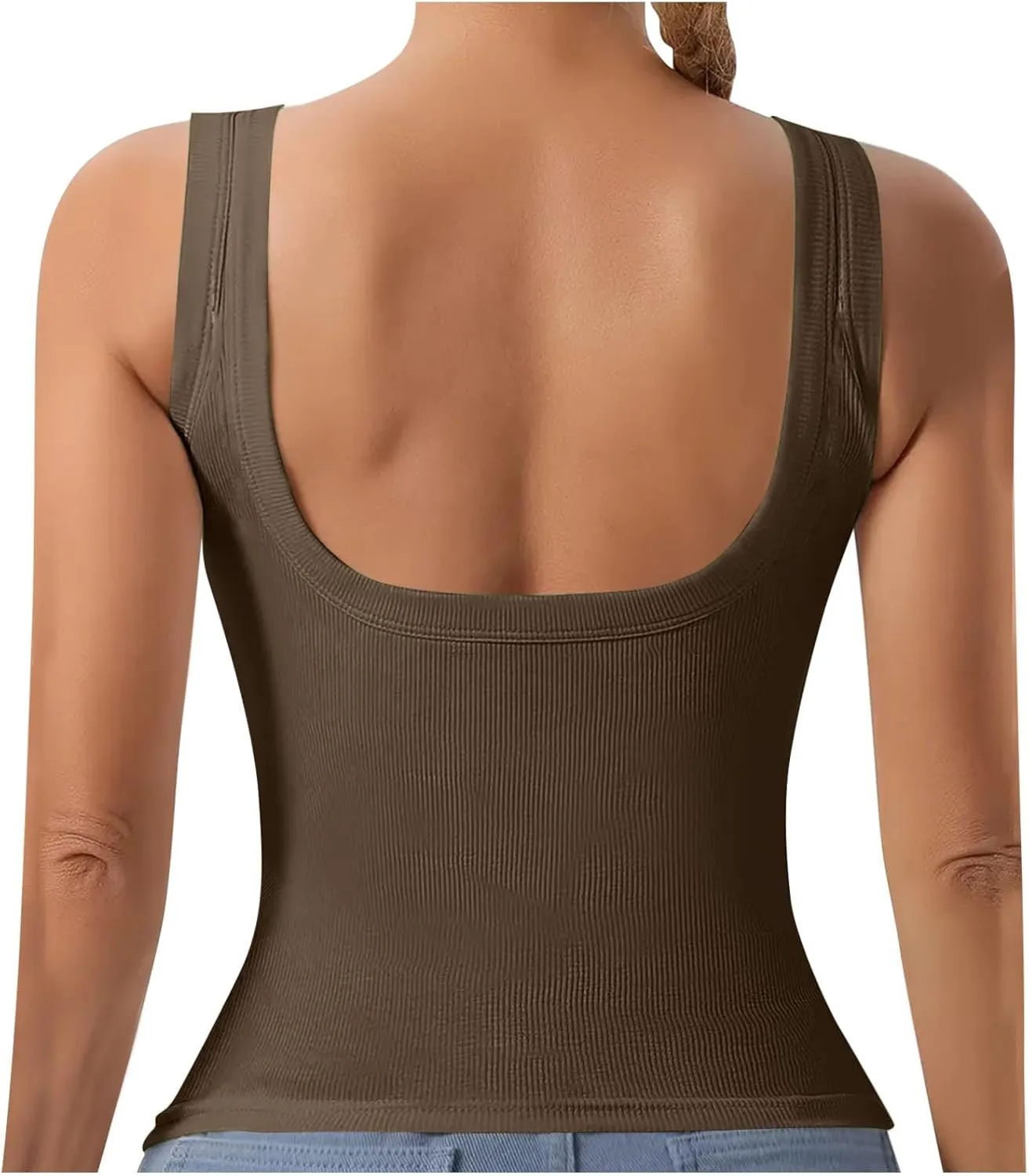 Summer Tank Tops for Women Built in Bra Trendy Sleeveless U Neck Padded Shirts Solid Sexy Knitted Vacation Camisole
