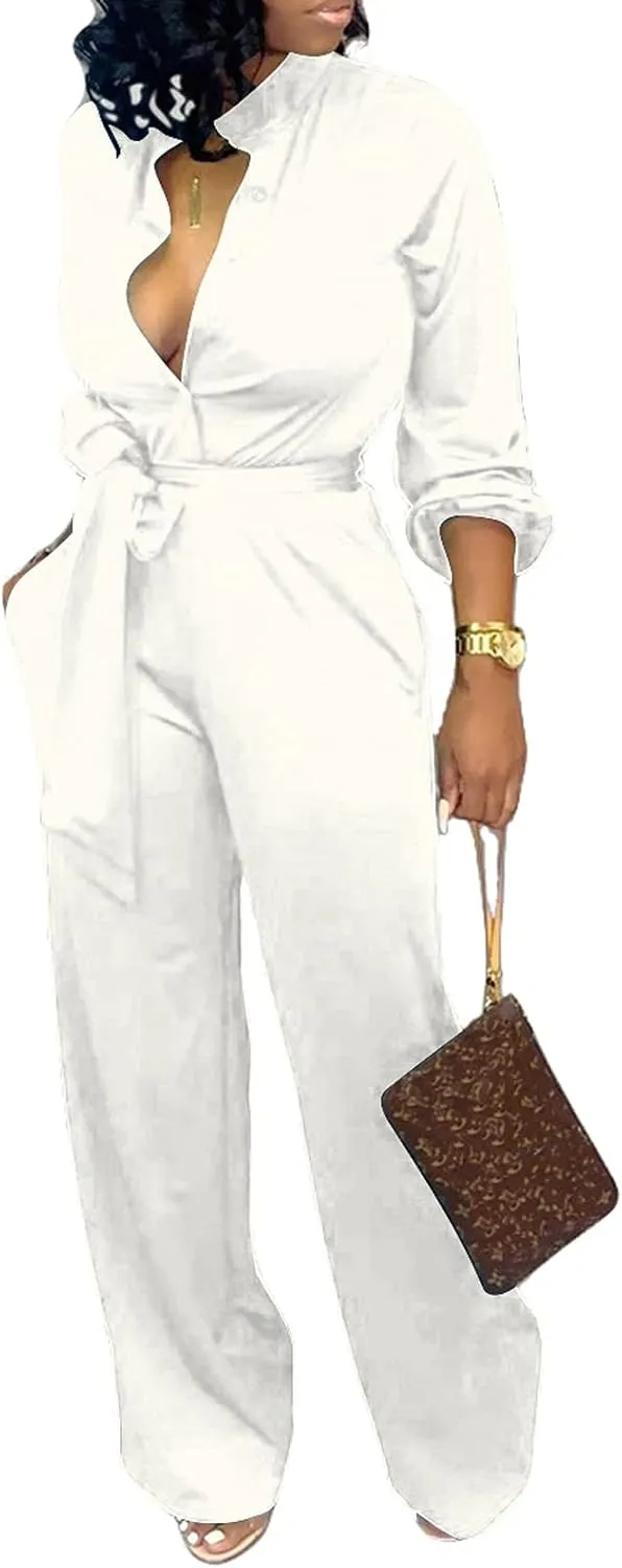 SxClub Jumpsuits for Women Formal Sexy Elegant Long Straight Pants Busineess Party Jumpsuit with Belt Pockets