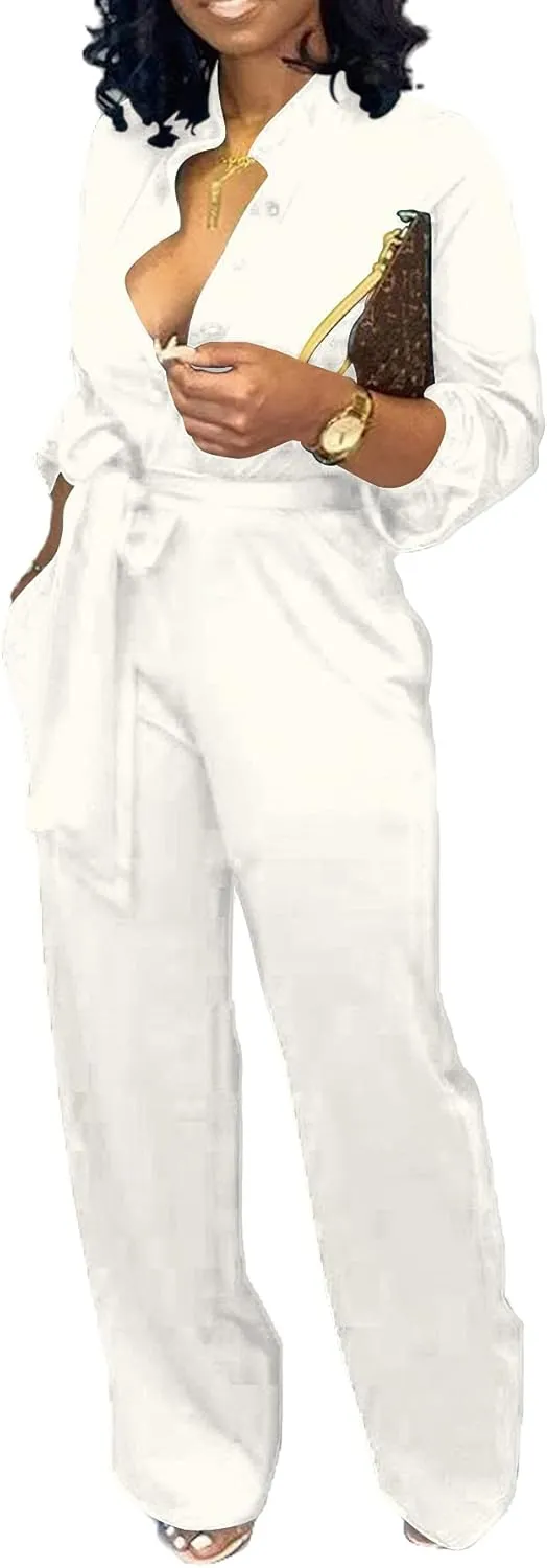 SxClub Jumpsuits for Women Formal Sexy Elegant Long Straight Pants Busineess Party Jumpsuit with Belt Pockets