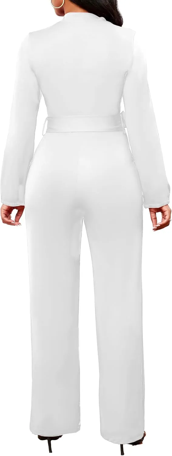 SxClub Jumpsuits for Women Formal Sexy Elegant Long Straight Pants Busineess Party Jumpsuit with Belt Pockets