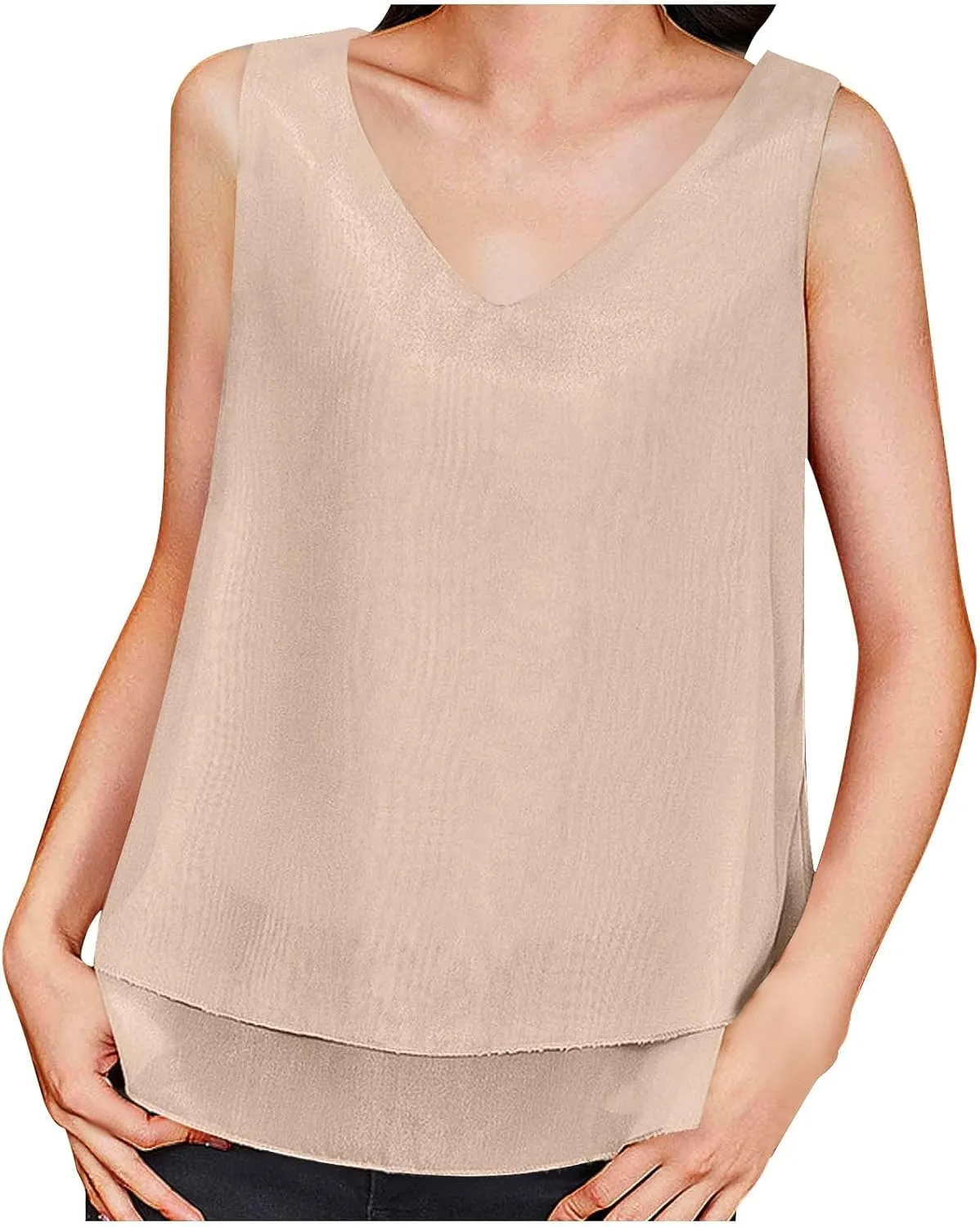Tank Tops for Women 2025 Loose Sleeveless V Neck Solid Color Chiffon Tank Top Double Layers Casual Summer Blouses