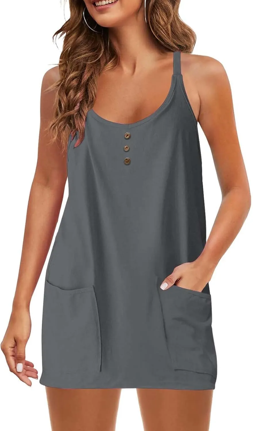 Tennis Dress for Women Built-in Shorts Casual Sleeveless Spaghetti Strap Sundress Workout Athletic Dress with Pocket