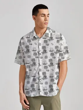 Tropical Tranquility White & Black Palm Tree Printed Linen Effect Men's Shirt