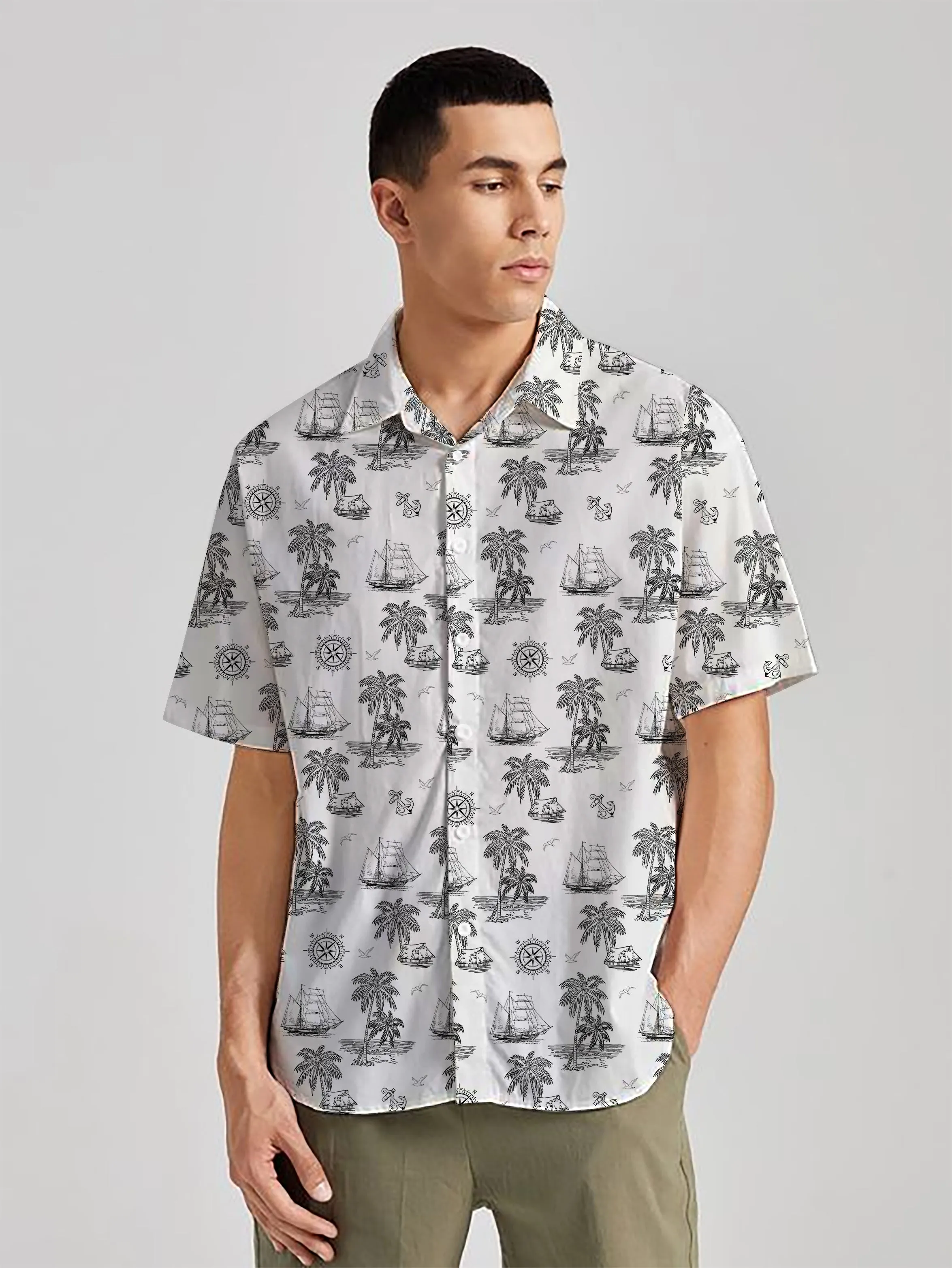 Tropical Tranquility White & Black Palm Tree Printed Linen Effect Men's Shirt
