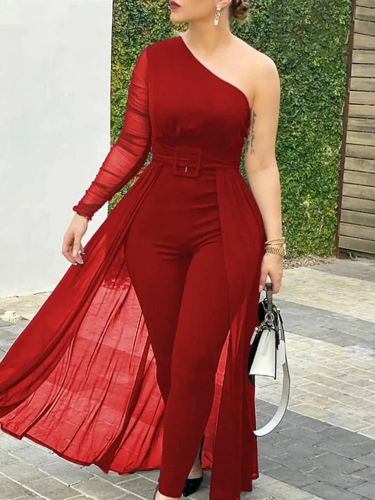 UAKISS  -  Women Fashion Casual One Shoulder Plain Sheer Mesh Jumpsuit Elegant Long Sleeve Chic Mesh Solid Patchwork Y2K Streetwear Female