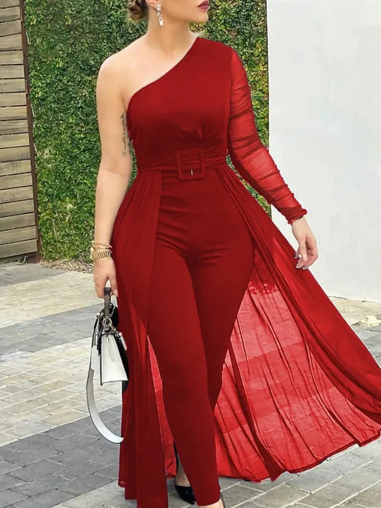 UAKISS  -  Women Fashion Casual One Shoulder Plain Sheer Mesh Jumpsuit Elegant Long Sleeve Chic Mesh Solid Patchwork Y2K Streetwear Female