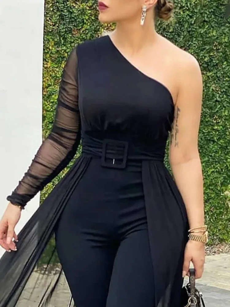 UAKISS  -  Women Fashion Casual One Shoulder Plain Sheer Mesh Jumpsuit Elegant Long Sleeve Chic Mesh Solid Patchwork Y2K Streetwear Female