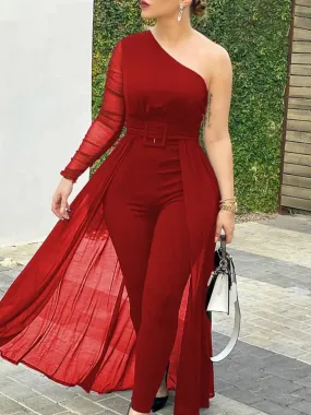 UAKISS  -  Women Fashion Casual One Shoulder Plain Sheer Mesh Jumpsuit Elegant Long Sleeve Chic Mesh Solid Patchwork Y2K Streetwear Female