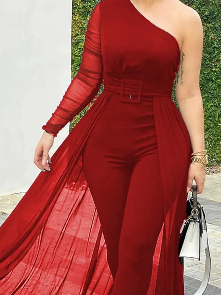 UAKISS  -  Women Fashion Casual One Shoulder Plain Sheer Mesh Jumpsuit Elegant Long Sleeve Chic Mesh Solid Patchwork Y2K Streetwear Female