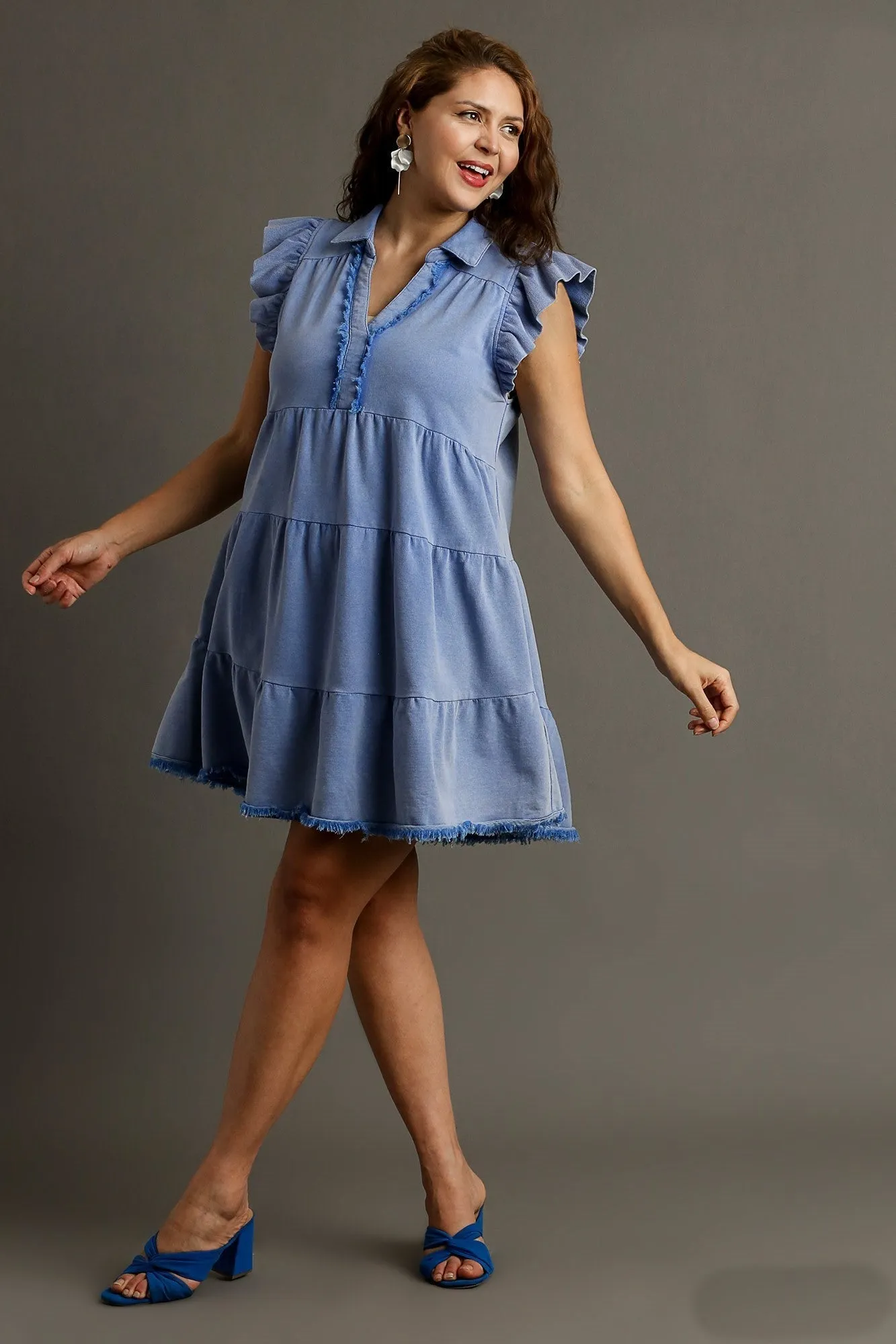 Umgee French Terry A-Line Dress in Denim Blue
