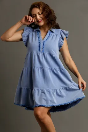 Umgee French Terry A-Line Dress in Denim Blue