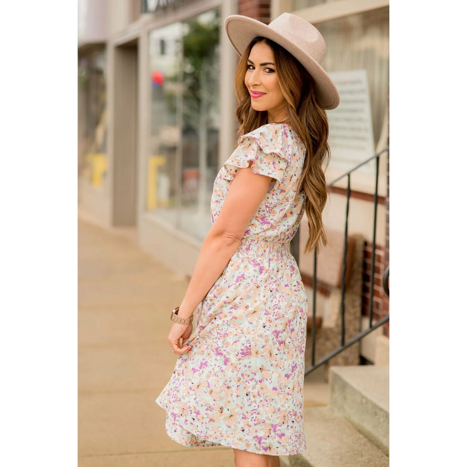 Watercolor Floral Flutter Sleeve Dress