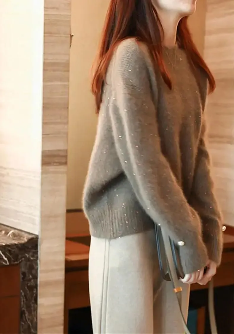 Women Soft Cashmere Wool Sequined Sweater Long Sleeve Knit Spring Autumn Basic Crewneck Tops
