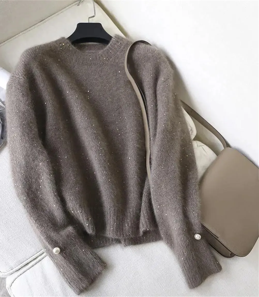 Women Soft Cashmere Wool Sequined Sweater Long Sleeve Knit Spring Autumn Basic Crewneck Tops