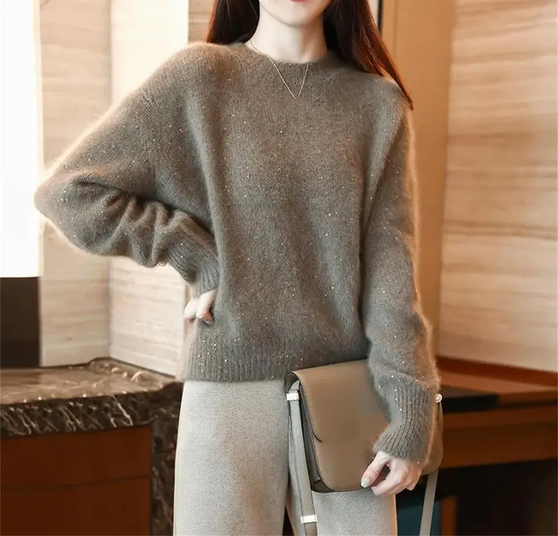 Women Soft Cashmere Wool Sequined Sweater Long Sleeve Knit Spring Autumn Basic Crewneck Tops