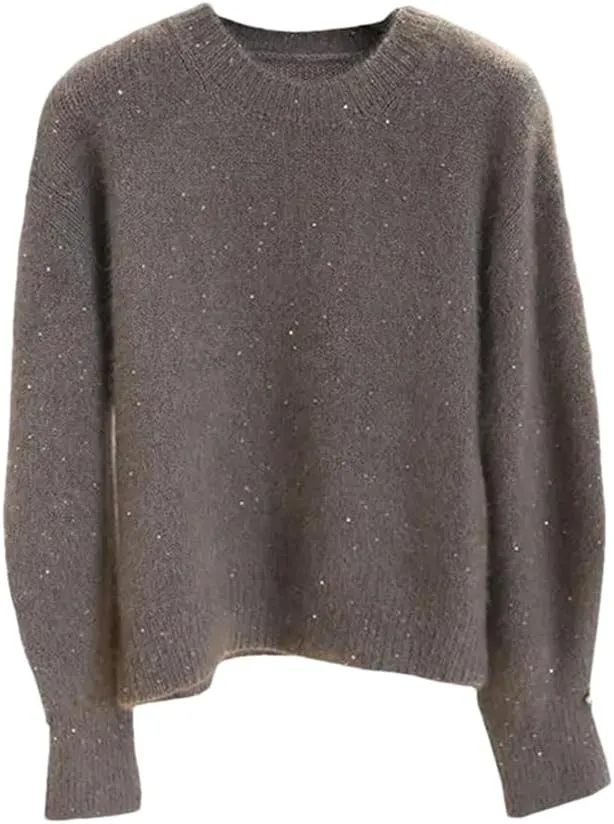 Women Soft Cashmere Wool Sequined Sweater Long Sleeve Knit Spring Autumn Basic Crewneck Tops