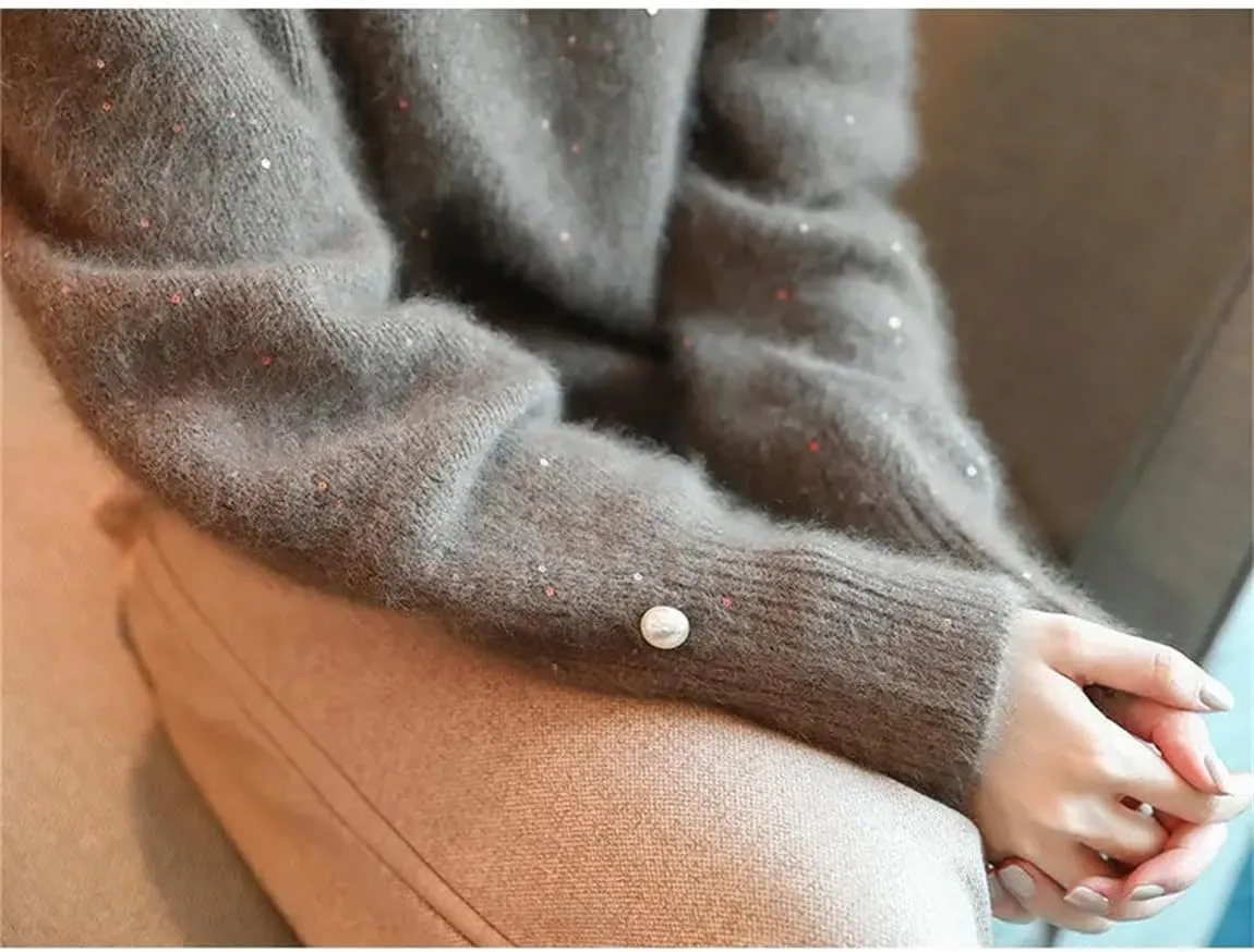 Women Soft Cashmere Wool Sequined Sweater Long Sleeve Knit Spring Autumn Basic Crewneck Tops