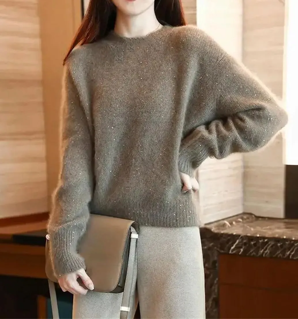 Women Soft Cashmere Wool Sequined Sweater Long Sleeve Knit Spring Autumn Basic Crewneck Tops