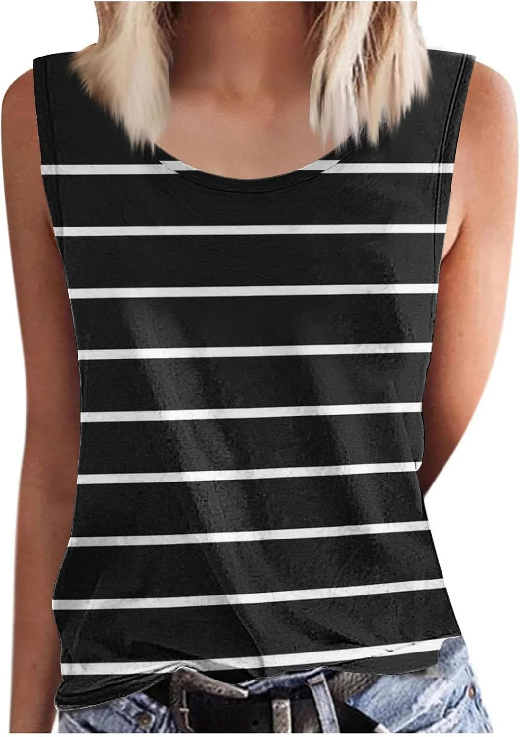 Women Striped Casual Loose Tank Tops, Summer Sleeveless Crewneck Daily Shirts Soft Breathable Going Out Trendy Clothes