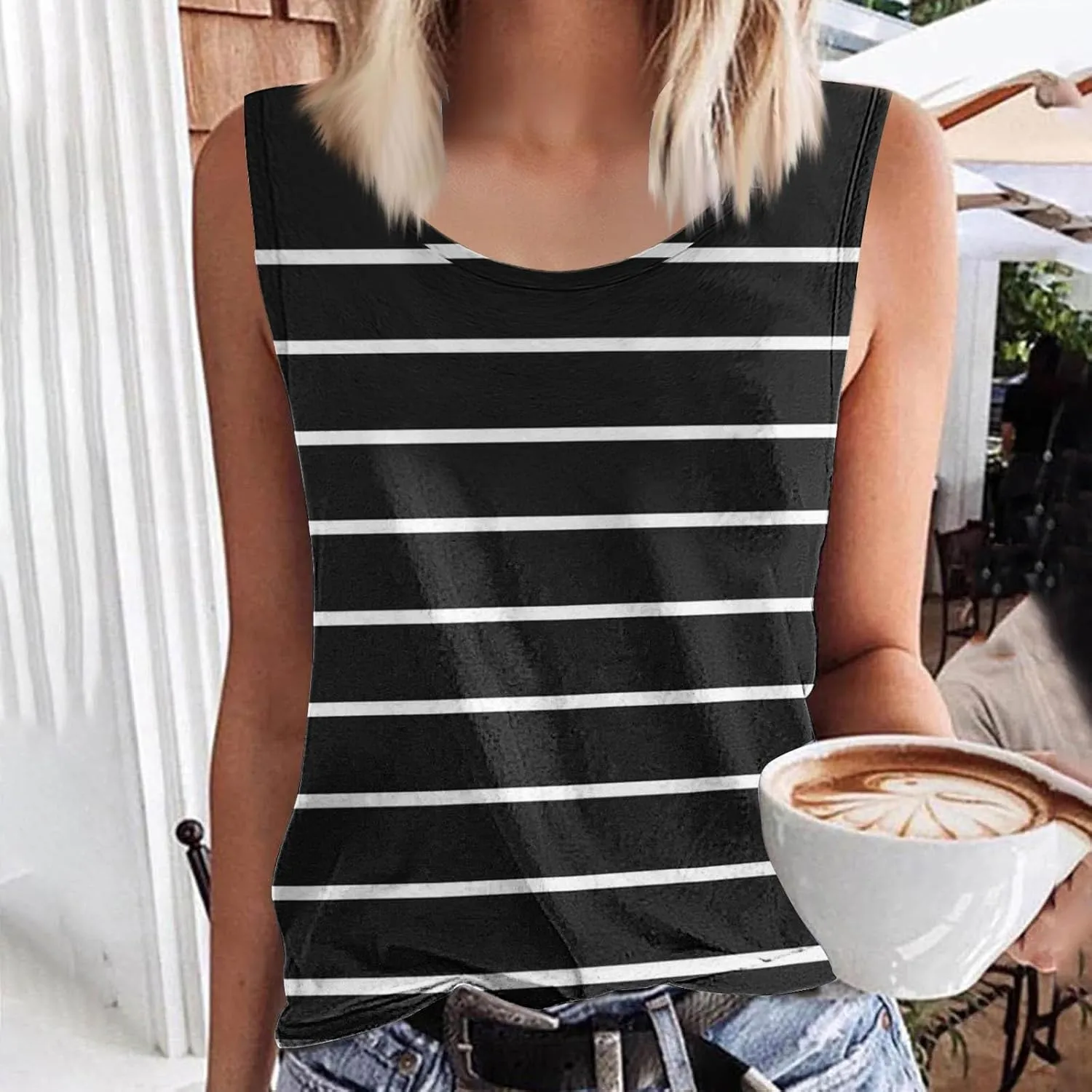 Women Striped Casual Loose Tank Tops, Summer Sleeveless Crewneck Daily Shirts Soft Breathable Going Out Trendy Clothes