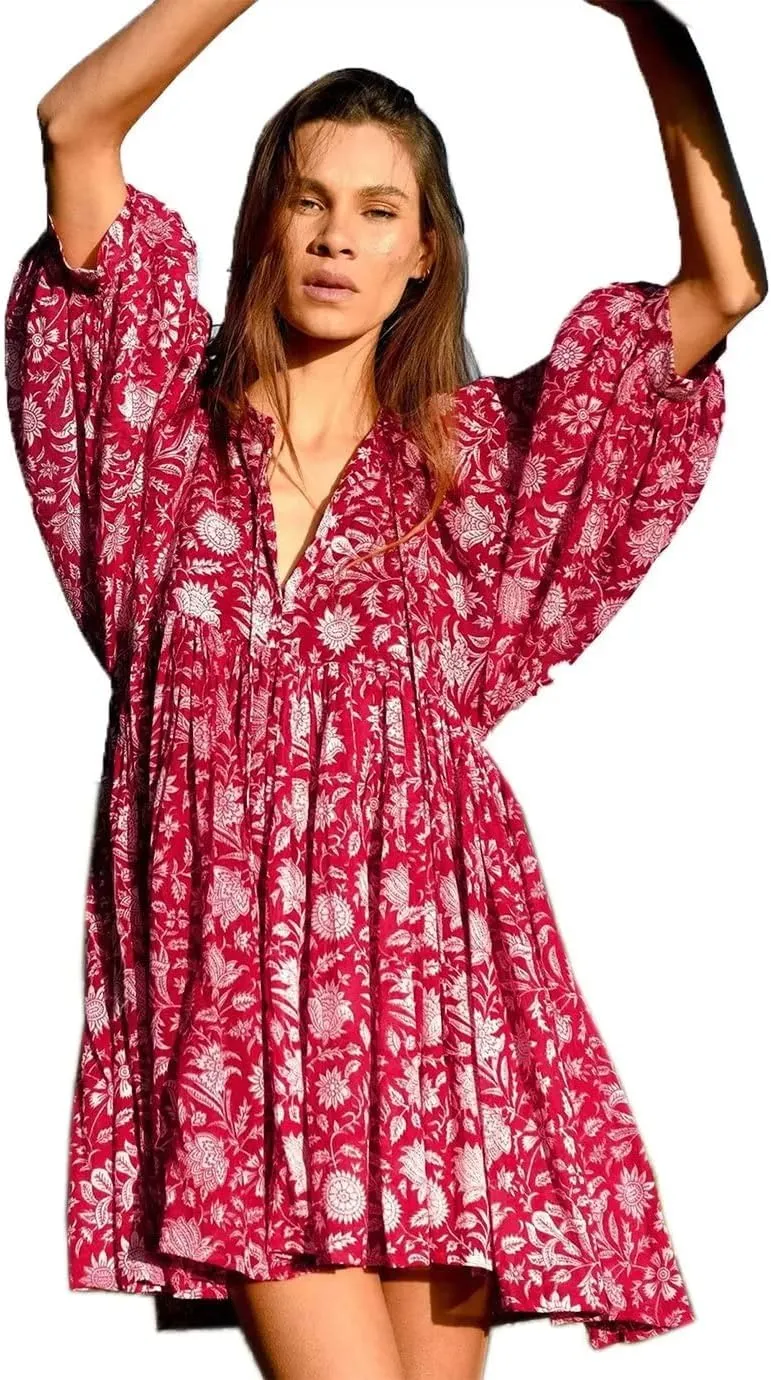 Women Summer Bohemian Floral Shirt Dress Cover Up Beach Dress Half Sleeve Mini Dress