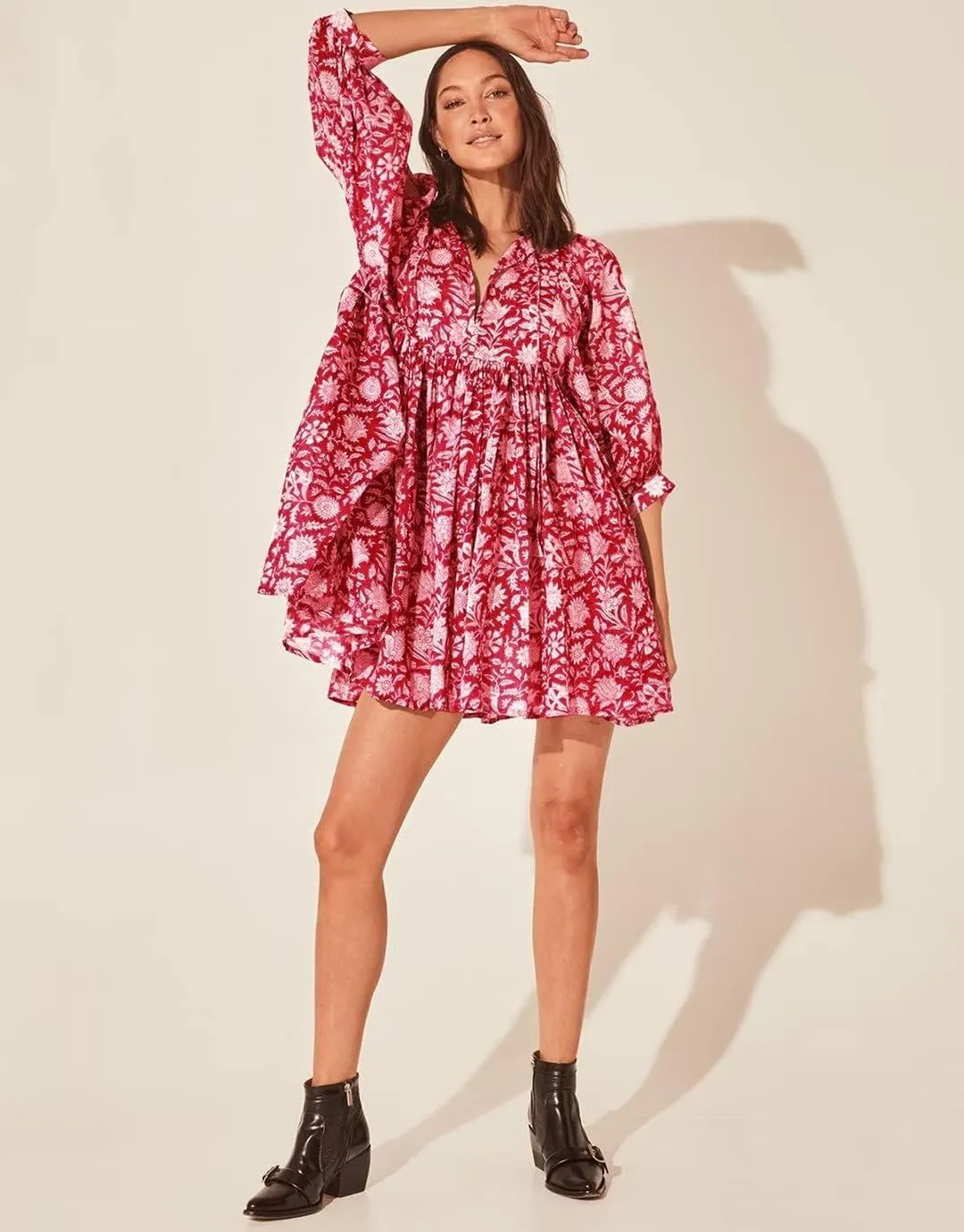 Women Summer Bohemian Floral Shirt Dress Cover Up Beach Dress Half Sleeve Mini Dress