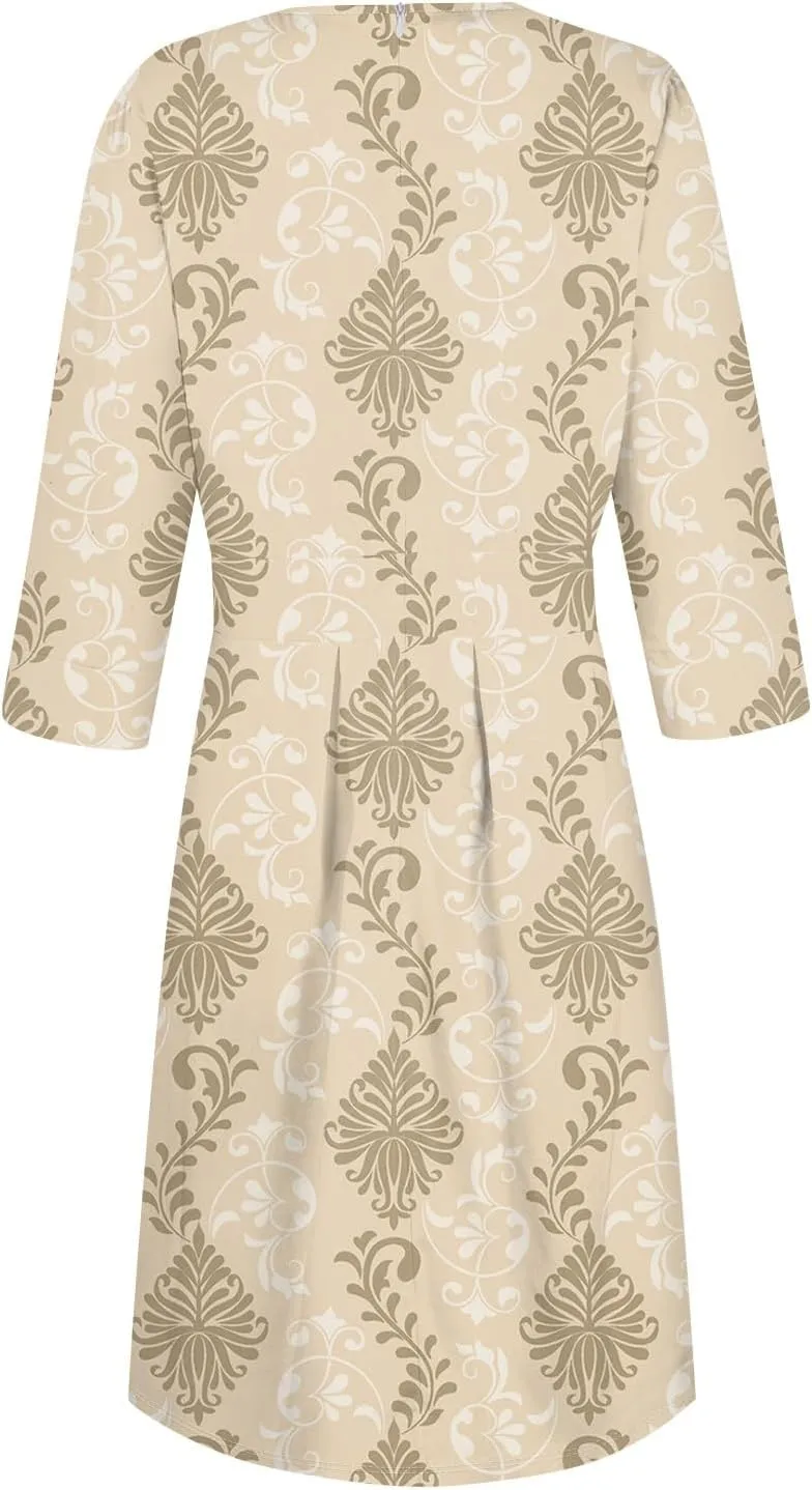 Womens 3/4 Sleeve Floral Vintage Dress Elegant Midi Evening Dress 2025 New Years Eve Outfit
