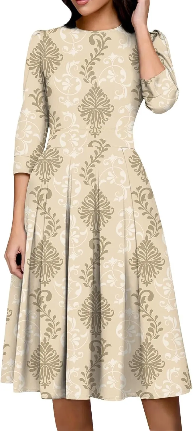 Womens 3/4 Sleeve Floral Vintage Dress Elegant Midi Evening Dress 2025 New Years Eve Outfit