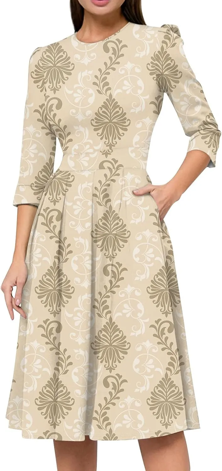 Womens 3/4 Sleeve Floral Vintage Dress Elegant Midi Evening Dress 2025 New Years Eve Outfit