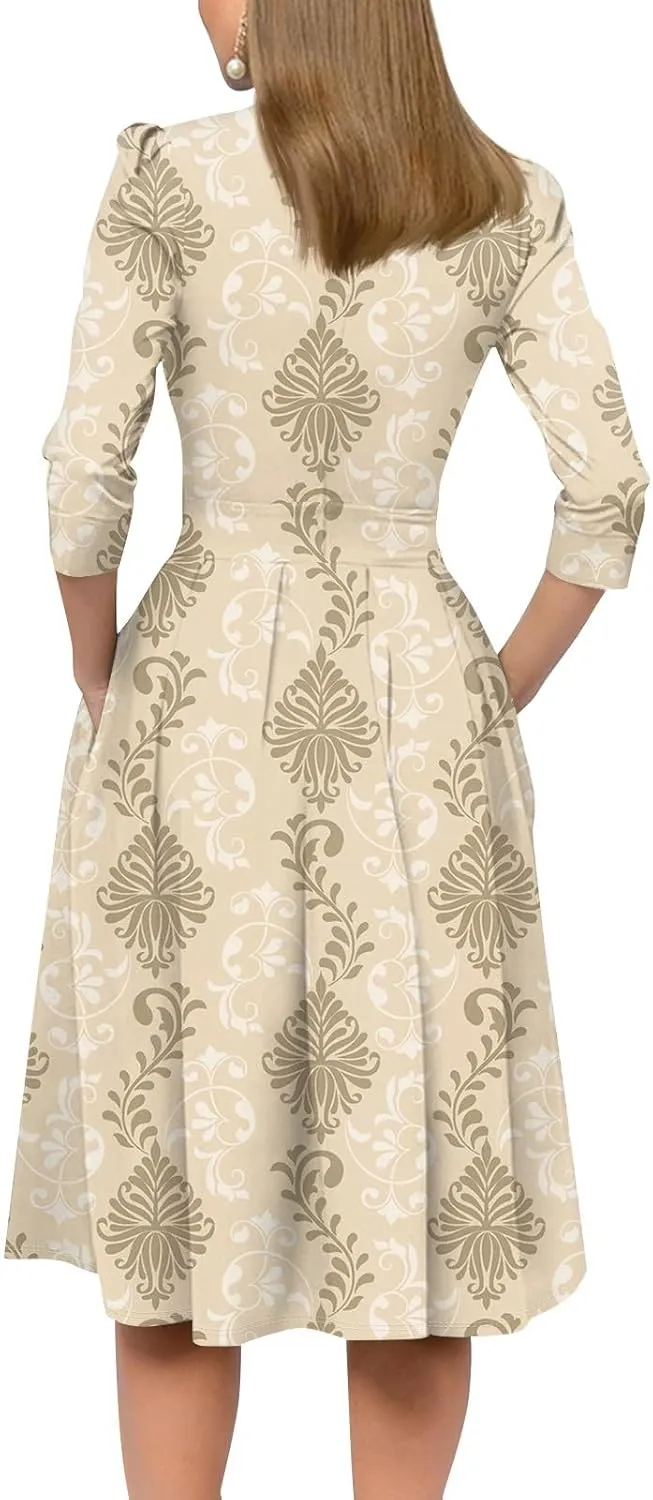 Womens 3/4 Sleeve Floral Vintage Dress Elegant Midi Evening Dress 2025 New Years Eve Outfit