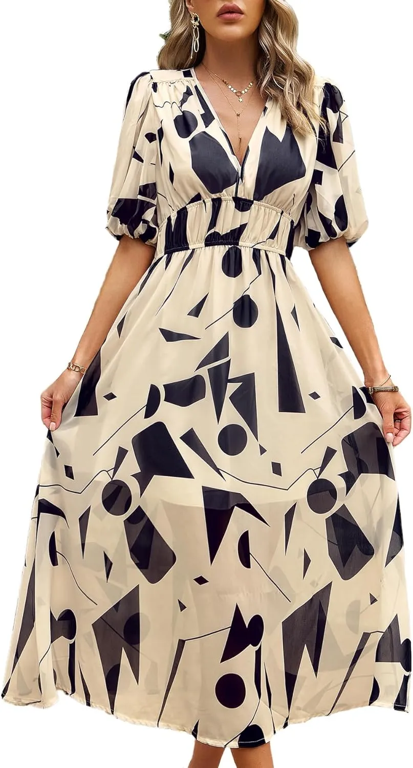 Womens Boho Floral V Neck Maxi Dress Summer Short Sleeve Elastic Waist Casual Flowy Long Dress
