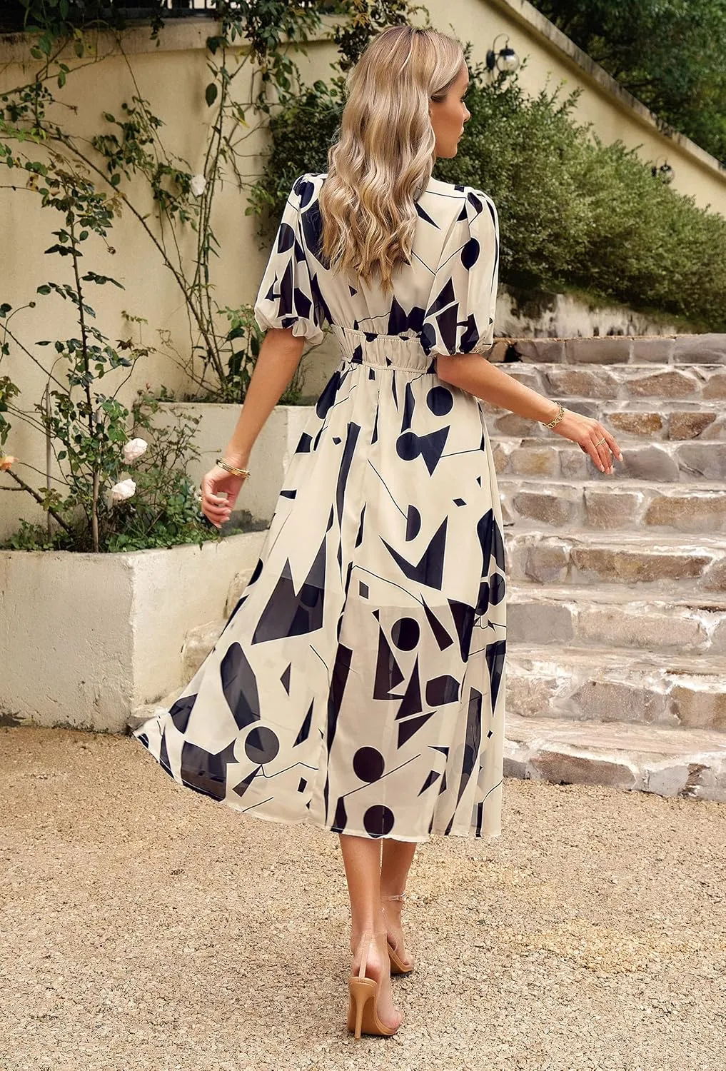Womens Boho Floral V Neck Maxi Dress Summer Short Sleeve Elastic Waist Casual Flowy Long Dress