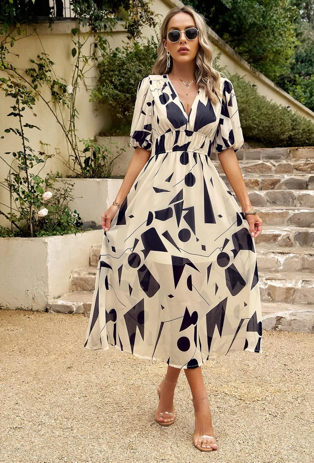 Womens Boho Floral V Neck Maxi Dress Summer Short Sleeve Elastic Waist Casual Flowy Long Dress