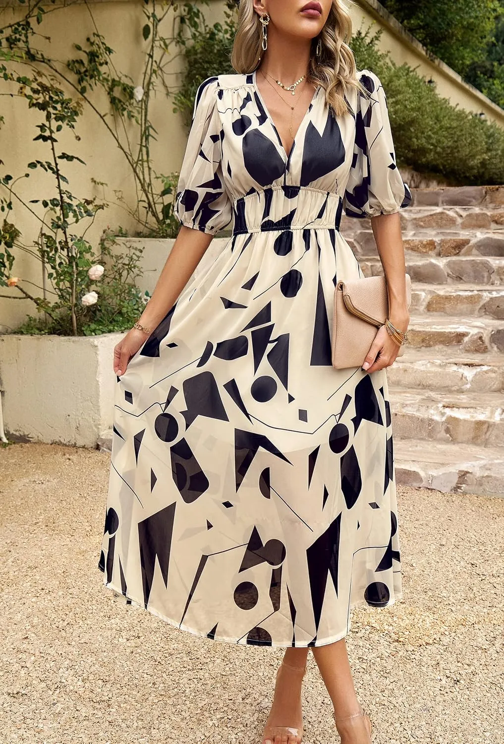 Womens Boho Floral V Neck Maxi Dress Summer Short Sleeve Elastic Waist Casual Flowy Long Dress