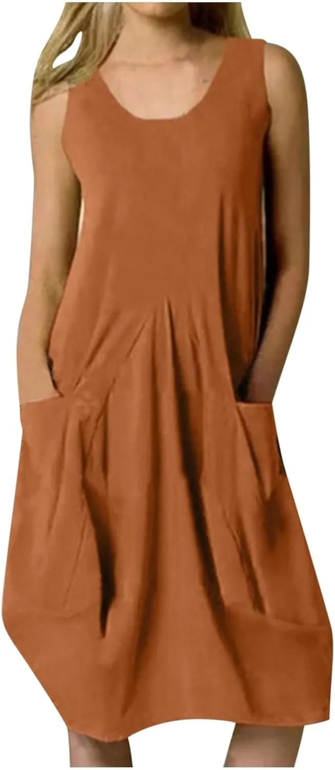 Womens Casual Dresses Cotton Linen T Shirt Dress Summer Loose Long Beach Dress Swing Midi Sundress with Pockets