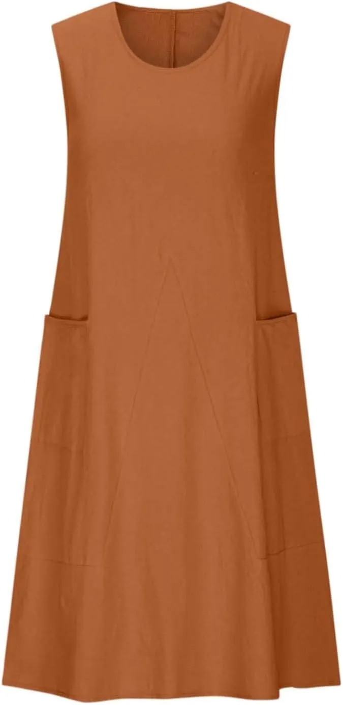 Womens Casual Dresses Cotton Linen T Shirt Dress Summer Loose Long Beach Dress Swing Midi Sundress with Pockets