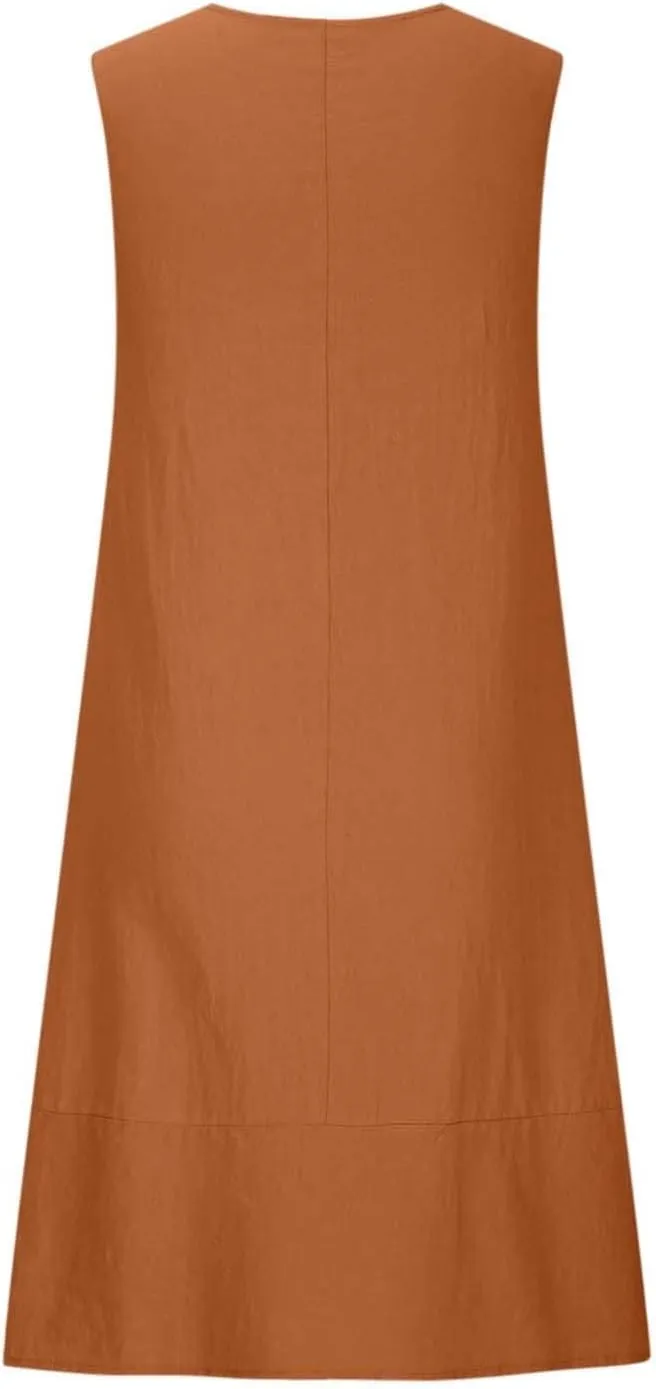 Womens Casual Dresses Cotton Linen T Shirt Dress Summer Loose Long Beach Dress Swing Midi Sundress with Pockets